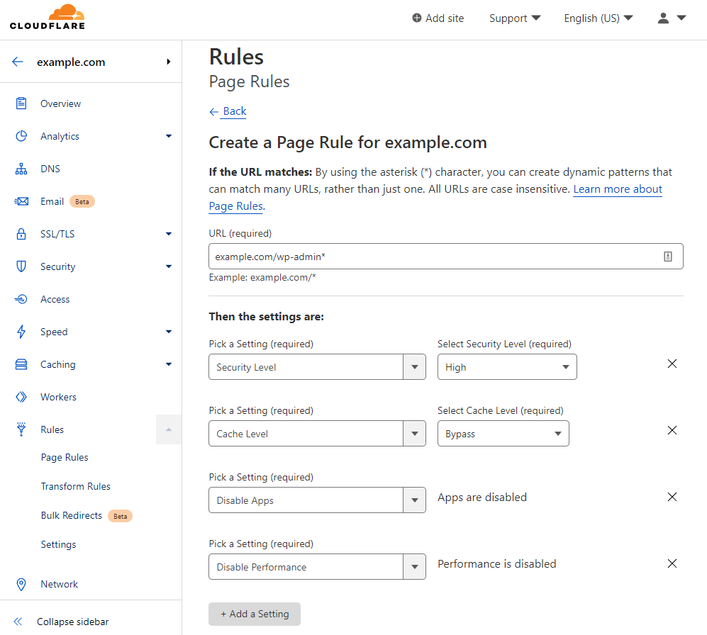 Cloudflare's page rules for WordPress admin